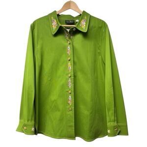 Bob Mackie Wearable Art Size XL Shirt Button Up Green Embroidered Floral Whimsy